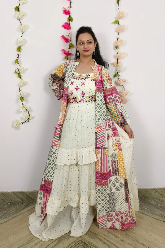 Indo Western One Piece Dress With Printed And Embroidery Work Shrug in Off white