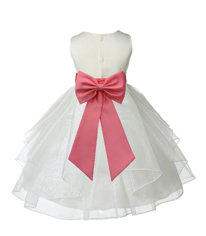 Ivory Satin Shimmering Organza Flower Girl Dress Junior Formal Pageant Baptism Christening 4613T(4)