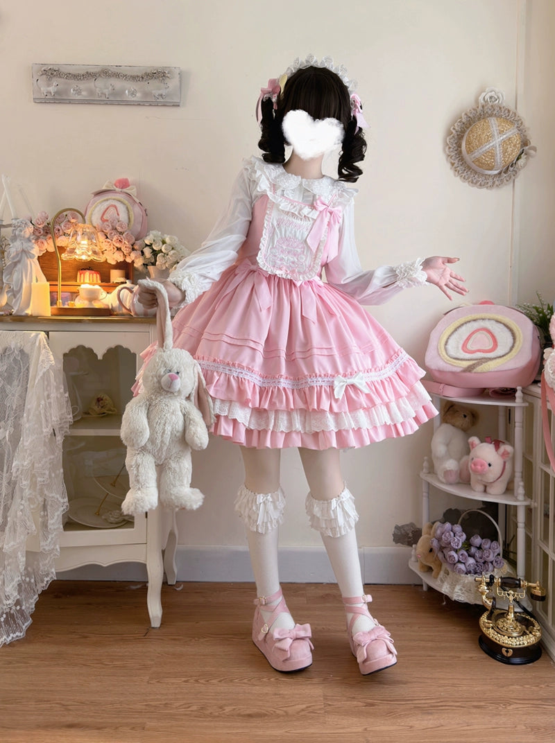 Hanguliang~Sweet Bear~Kawaii Lolita JSK Dress Embroidery Flounce Hem