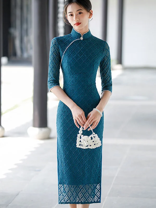 2023 Lake Blue Plaid Lace Qipao Cheongsam Dress