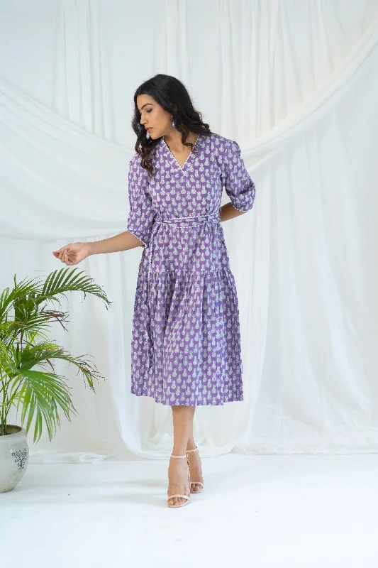 Lavender Hand Block Printed Pineapple Laced Dress