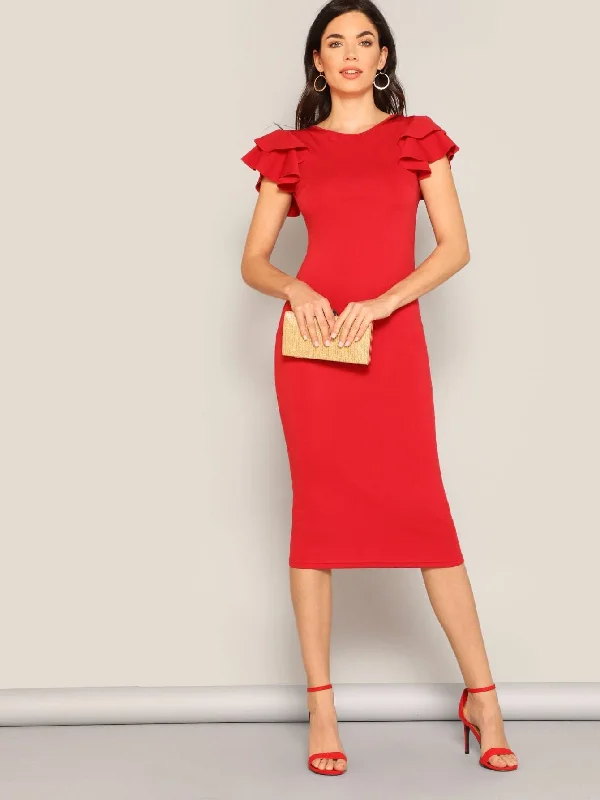 Layered Ruffle Sleeve Crisscross Back Pencil Dress