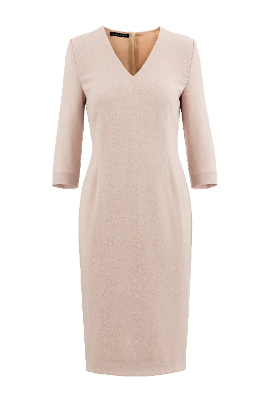 LICARIA DEEP V-NECK PALE PINK WOOL CREPE PENCIL DRESS