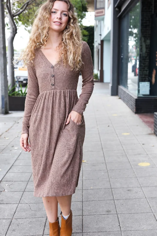 Mocha Brushed Ribbed Button Dress