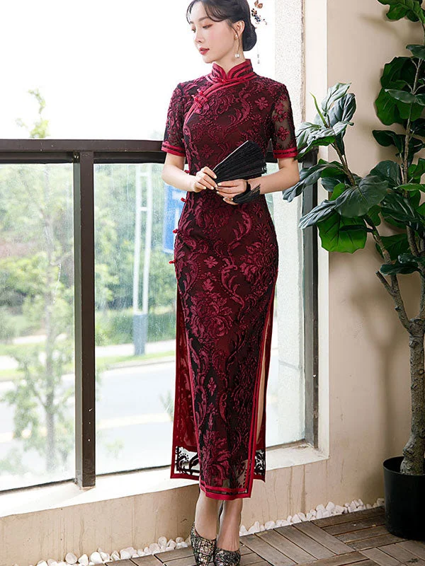 Mother's Red Blue Floral Velvet Qi Pao Cheongsam Dress