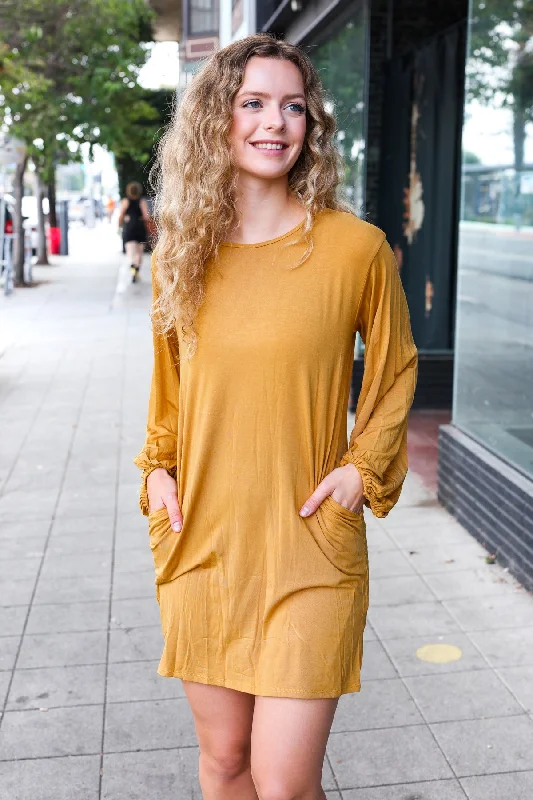 Butterscotch Bubble Sleeve Pocketed Dress