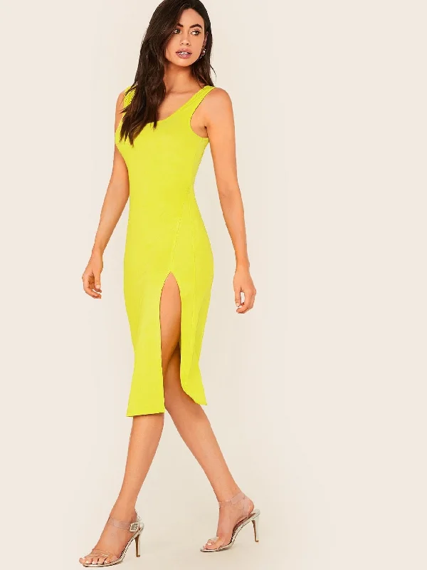 Neon Yellow Split Thigh Tank Dress