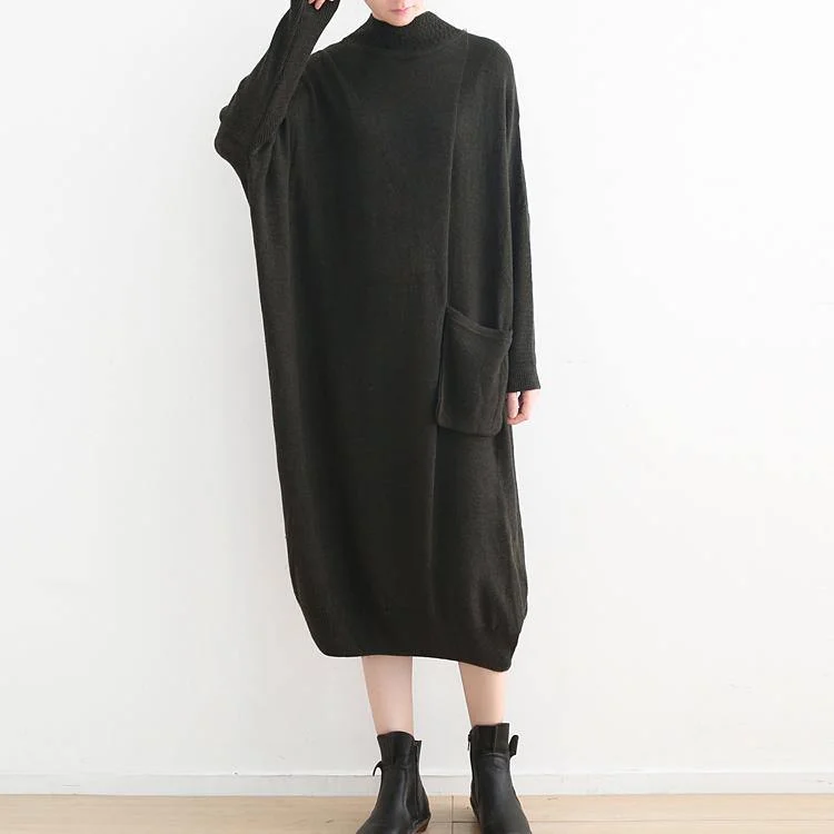 New black knit dress oversize high neck winter dress New pockets asymmetric winter dresses