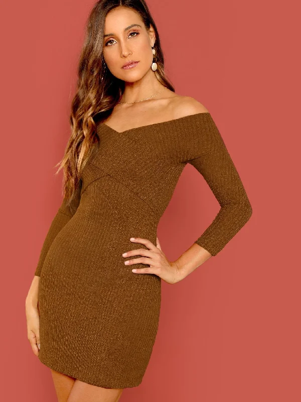  Off Shoulder Cross Over Rib-knit Pencil Dress