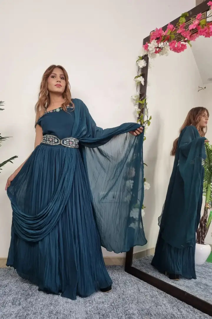 Off Shoulder Drape Dress With  Embroidered Belt In Blue