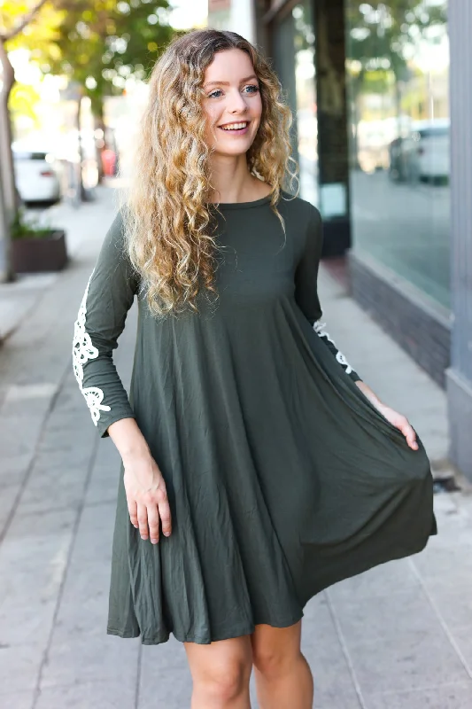 Olive Pocketed Crochet Sleeve Dress