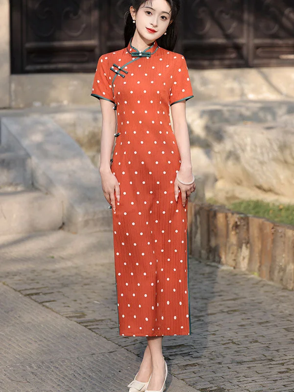 Orange Dots Print Cheongsam Qipao Dress