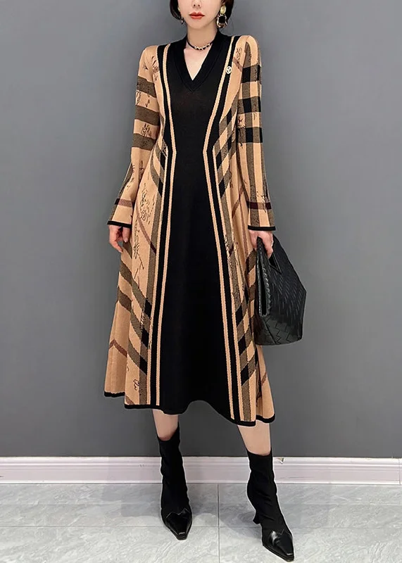 Organic Yellow Patchwork Black V Neck Striped Knit Dresses Fall