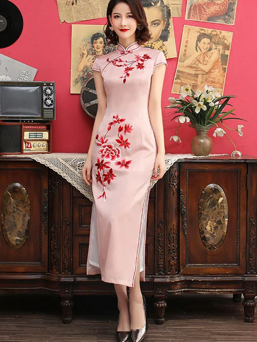 Pink Beaded Embroidered Long Cheongsam Qipao Dress