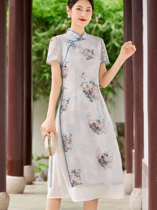 Pink Blue Floral Print AoDai A-Line Cheongsam Dress