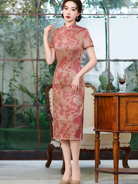 Pink Bronzing Floral Mothers Mid Cheongsam Qi Pao Dress