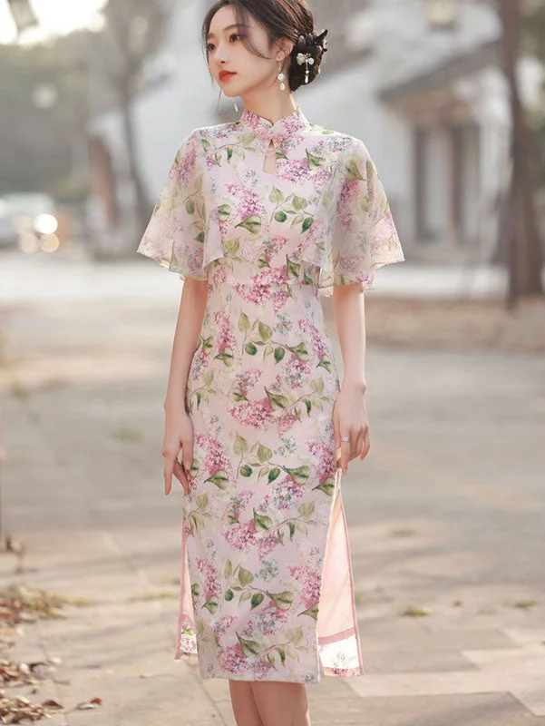 Pink Floral Chiffon Flutter Sleeve Qipao Cheongsam Dress