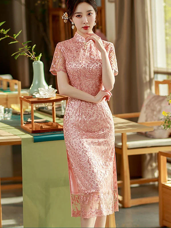 Pink Floral Lace Mid Qi Pao Cheongsam Dress