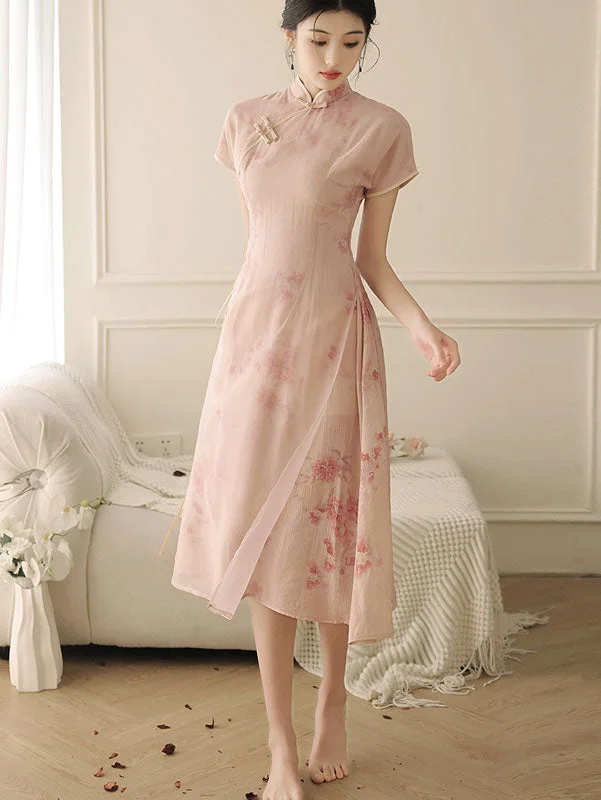 Pink Floral Print AoDai A-Line Cheongsam Dress