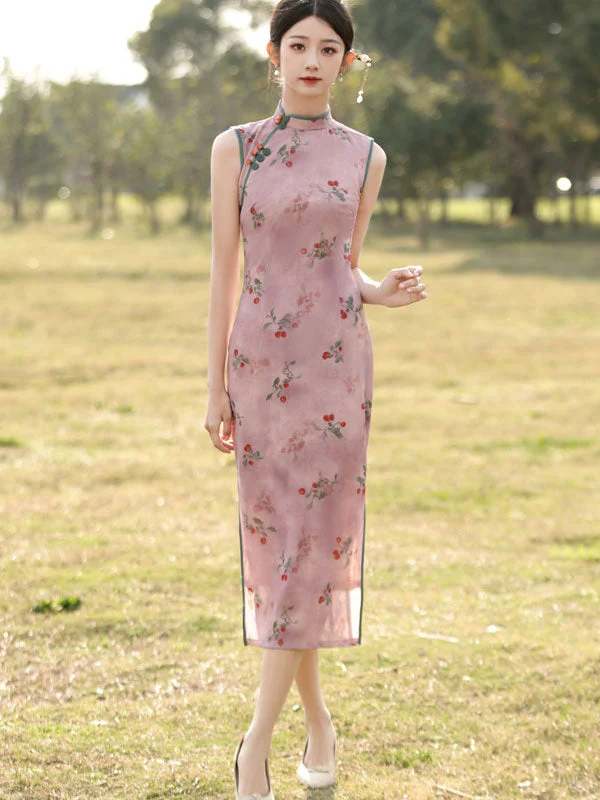 Pink Floral Sleeveless Cheongsam Qipao Dress