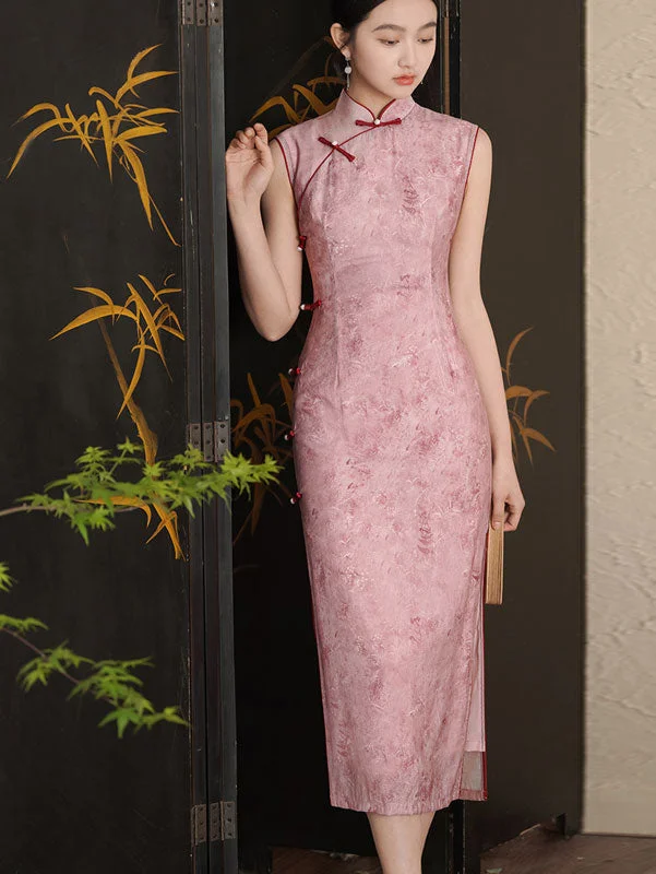 Pink Floral Sleeveless Cheongsam Qipao Dress