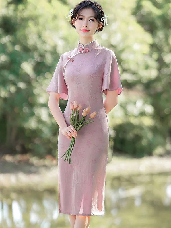 Pink Yellow Jacquard Flutter Sleeve Cheongsam Qi Pao Dress