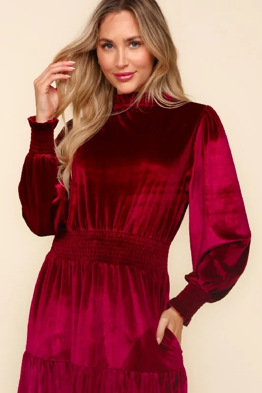 PLUS BURGUNDY MOCK NECK SMOCKED WAIST BABYDOLL VELVET DRESS