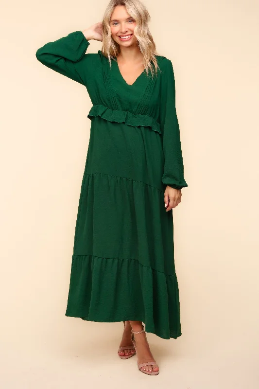 Plus Green V Neck Pintuck Detail Solid Woven Dress