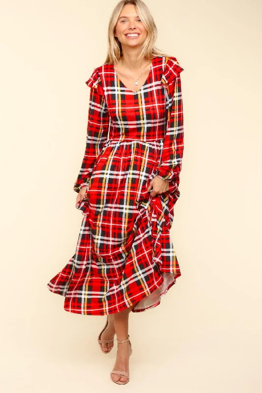 PLUS SHOULDER RUFFLE PLAID PRINT WITH SIDE POCKETS