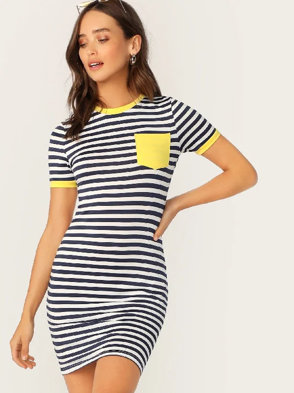 Pocket Patched Striped Ringer Tee Dress