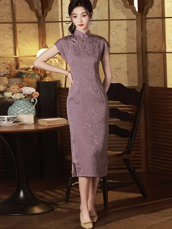 Purple Jacquard Floral Cheongsam Qipao Dress