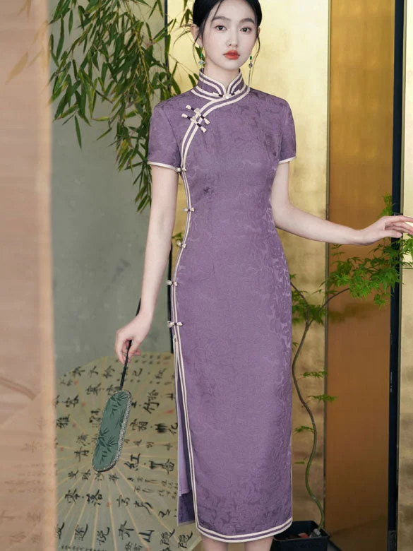 Purple Jacquard Silk Long Cheongsam Qipao Dress