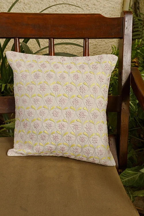 Rangsutra 'Bageecha' Chikankari Embroidered Ogee Floral Cotton Cushion Cover