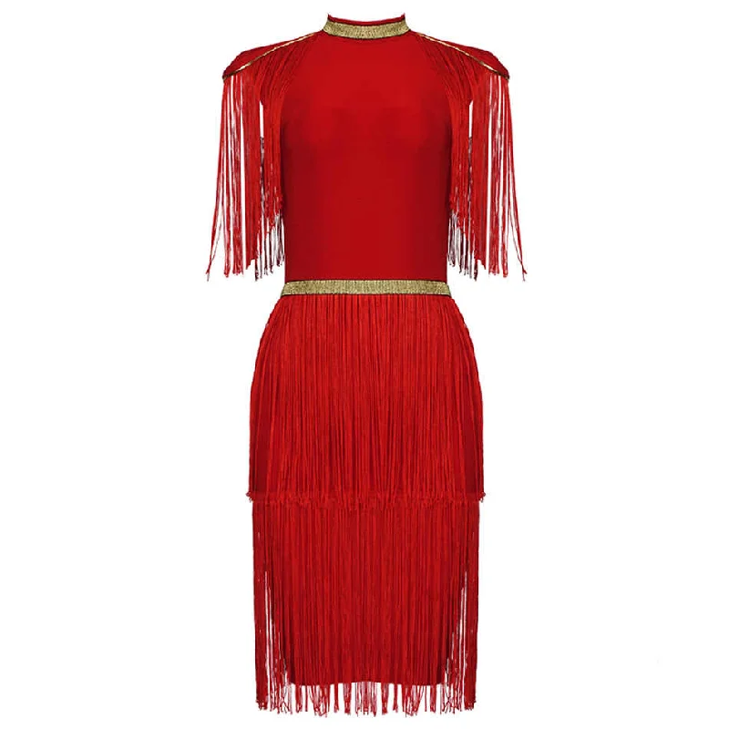 Roxy Red And Gold Bandage Dress With Tassels