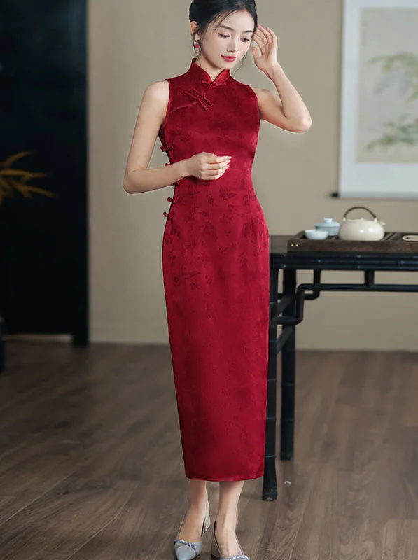 Red Black Jacquard Halter Cheongsam Qipao Dress