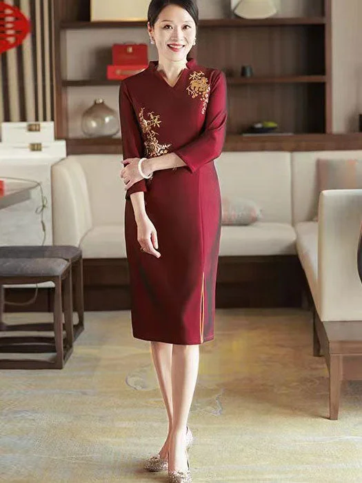 Red Bridal Mothers Winter V-neck Cheongsam Qi Pao Dress