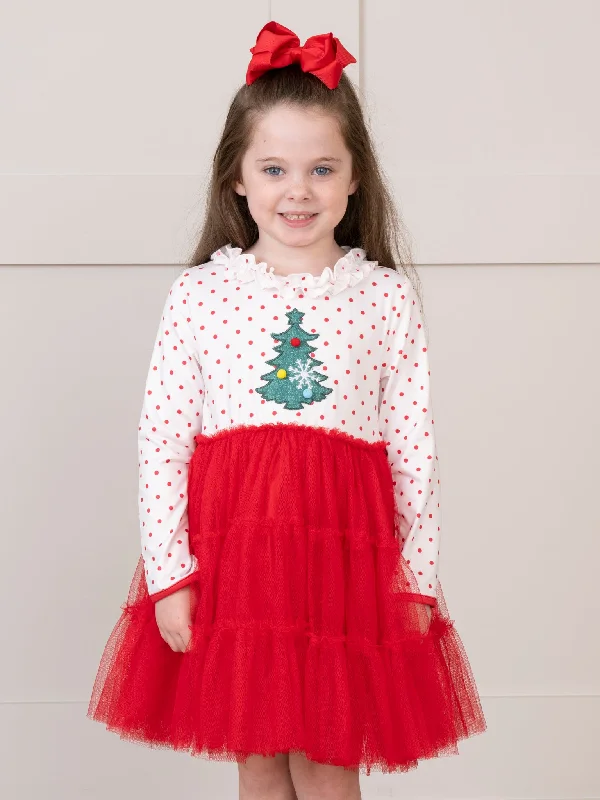 Red Embroidered Christmas Tree Tulle Dress