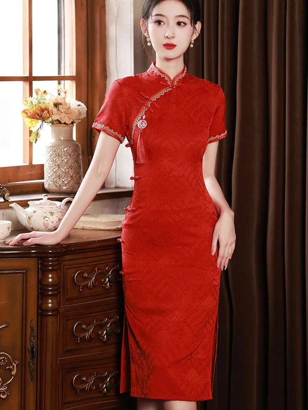 Red Vintage Jacquard Cheongsam Qipao Dress