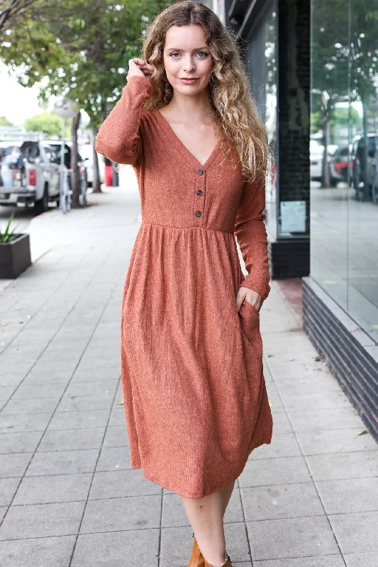 Rust Brushed Ribbed Button Dress