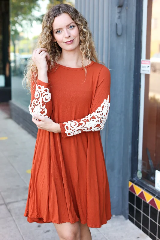 Burnt Orange Pocketed Crochet Sleeve Dress