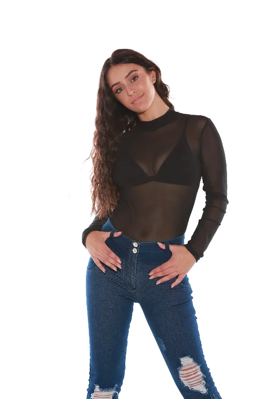 Sheer Mesh top Long Sleeve High Neck- Black