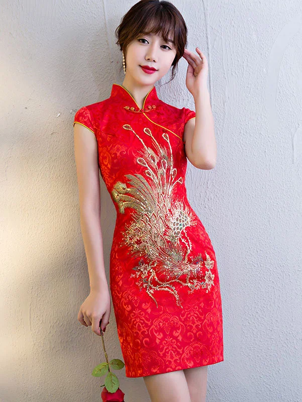 Short Sequined Phoenix Qipao / Cheongsam Reception Dress