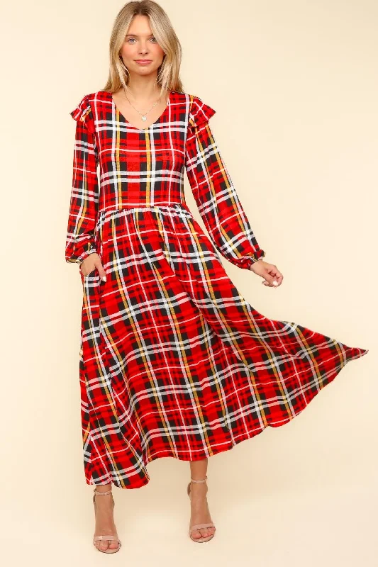 SHOULDER RUFFLE PLAID PRINT WITH SIDE POCKETS