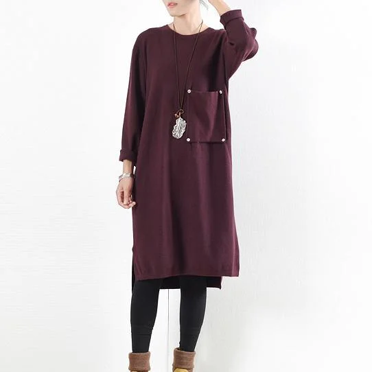 Spring burgundy knit sweaters oversize knit dresses casual pockets