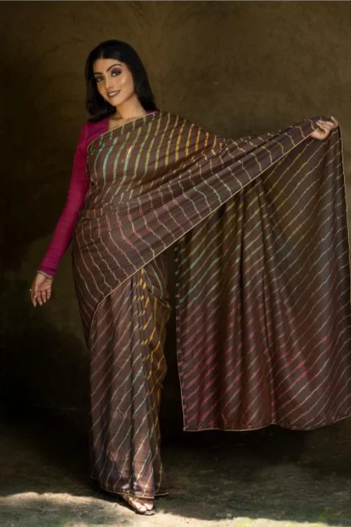 Striped Elegance. Hand Dyed Lehariya Chanderi Saree - Brown & Green