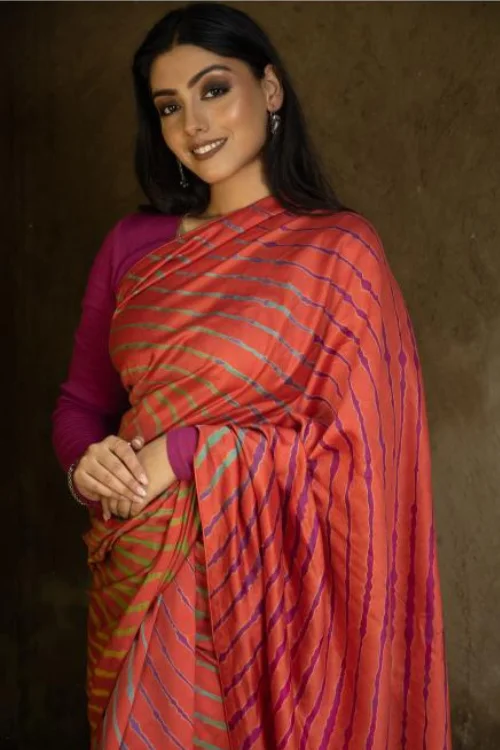 Striped Elegance. Hand Dyed Lehariya Chanderi Saree - Dawn Orange