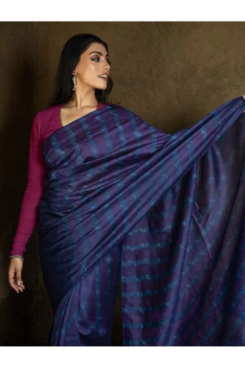 Striped Elegance. Hand Dyed Lehariya Chanderi Saree - Deep Blue & Purple