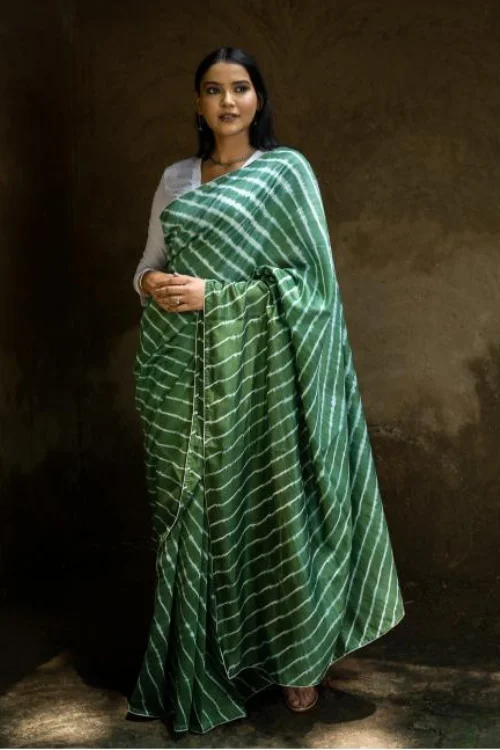 Striped Elegance. Hand Dyed Lehariya Chanderi Saree - Deep Green & Beige