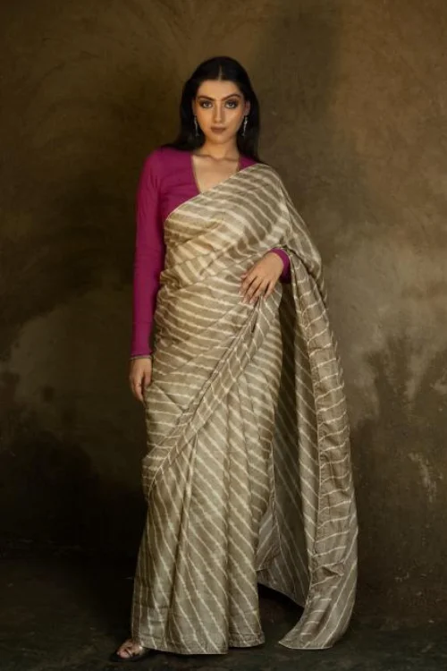 Striped Elegance. Hand Dyed Lehariya Tussore Silk Saree - Beige & Pale Olive