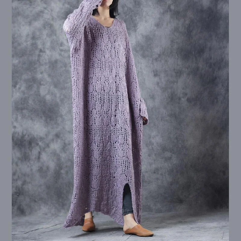 Stylish Light Purple Knit Dresses Loose Fitting V-Neck Sweater Women Hollow Out Pullover